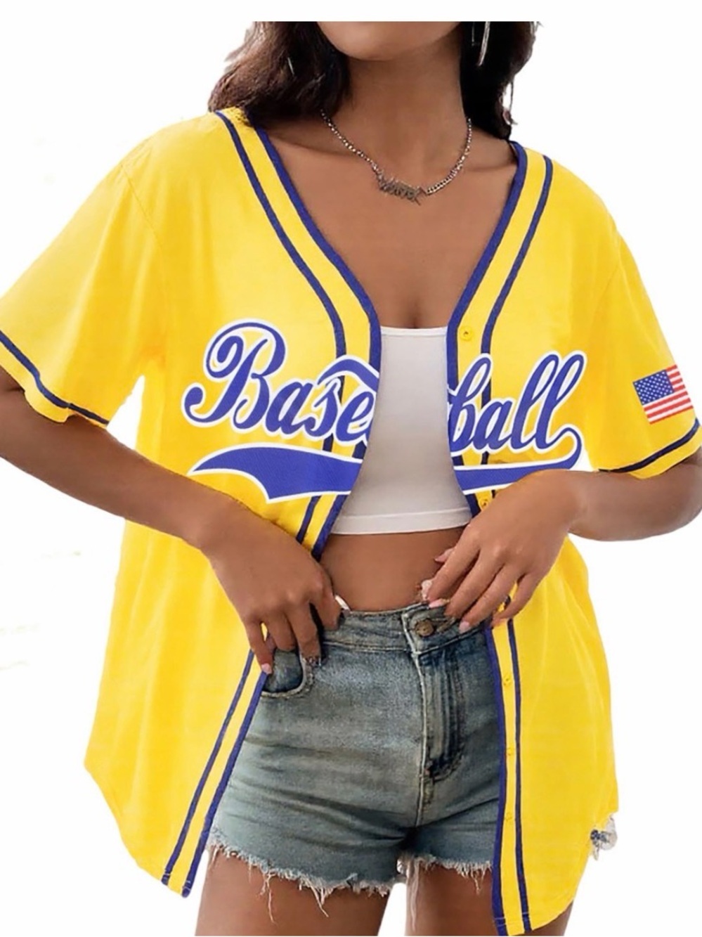Yellow Baseball-Style Jersey Top with Blue Trim ladies M NWT